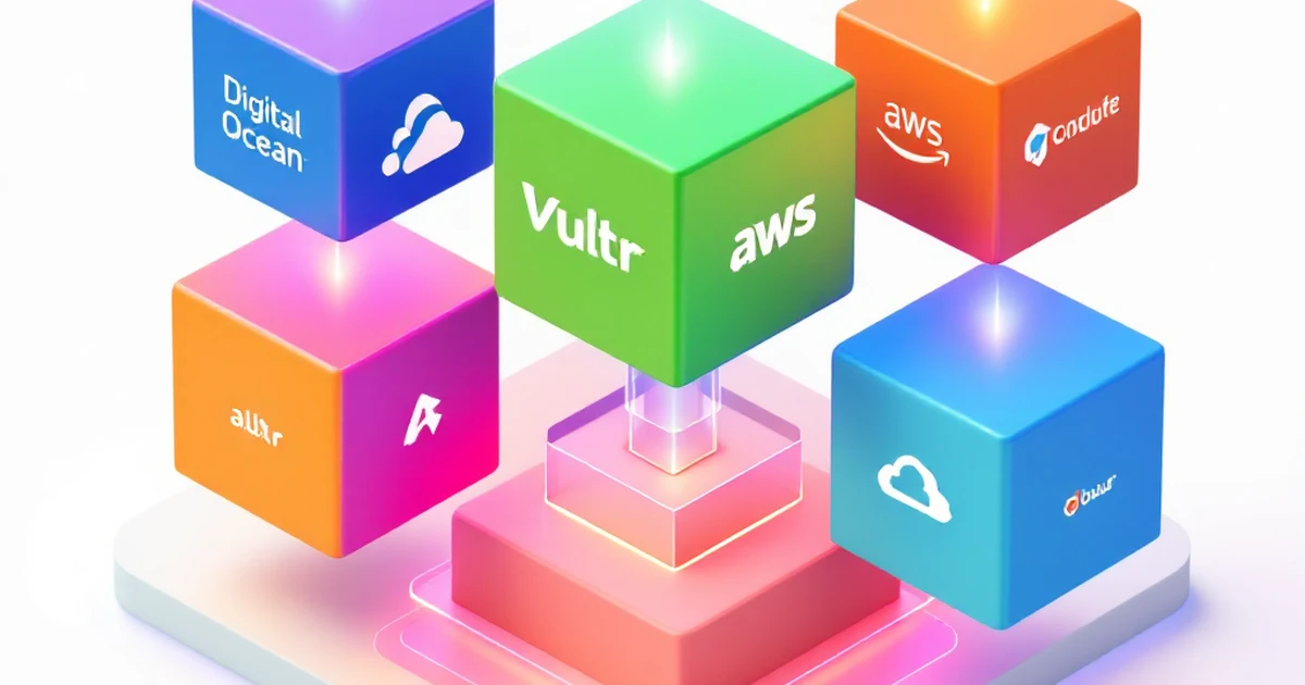 An isometric 3D graphic showing five different cloud provider server options from Cloudways.