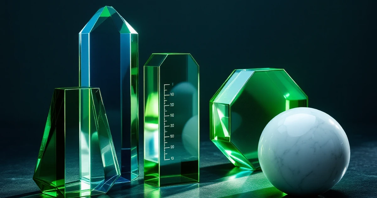 An abstract arrangement of glass shapes and a gauge representing technical performance testing and speed metrics.