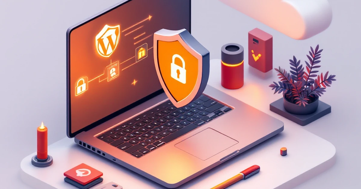 Isometric view of WordPress security setup with plugin icons and firewall symbol.