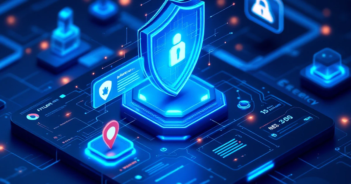 Isometric digital security interface with firewall and malware scan icons.