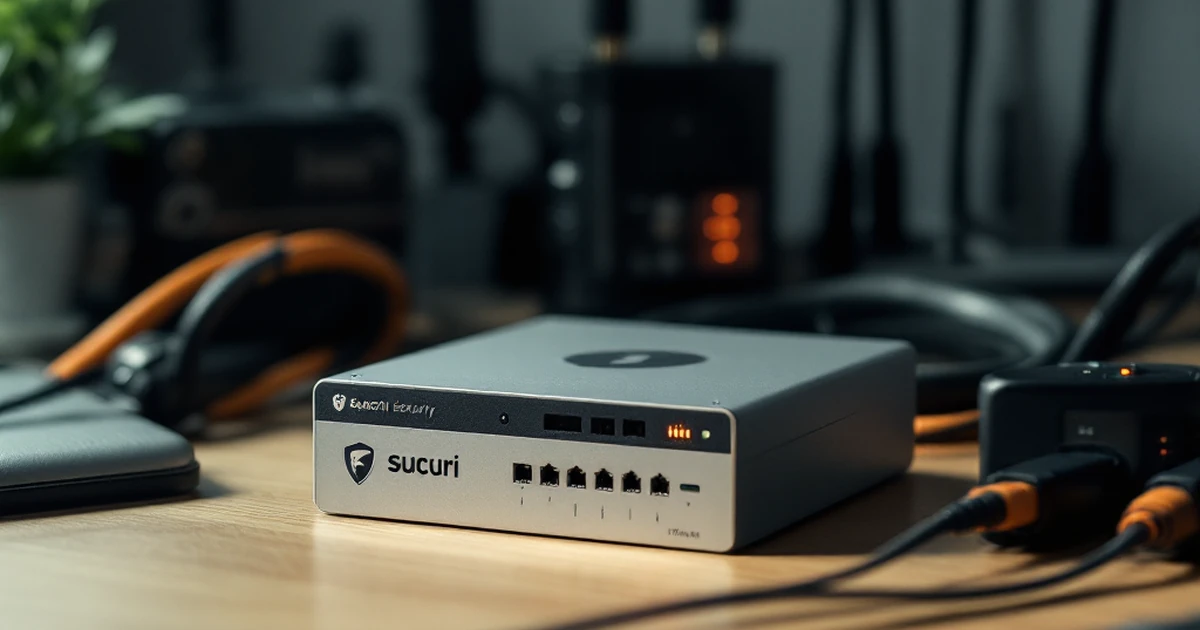 Workspace setup with Sucuri Security elements and network cables.