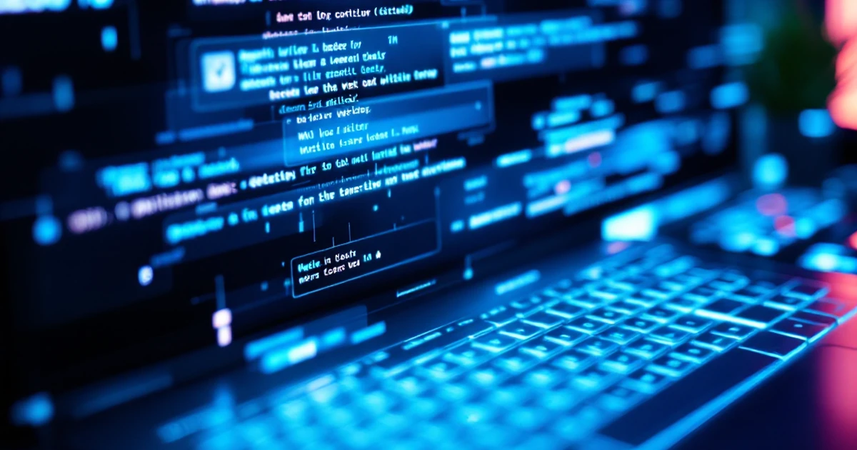 Digital writing assistant concept with floating text and glowing keyboard.