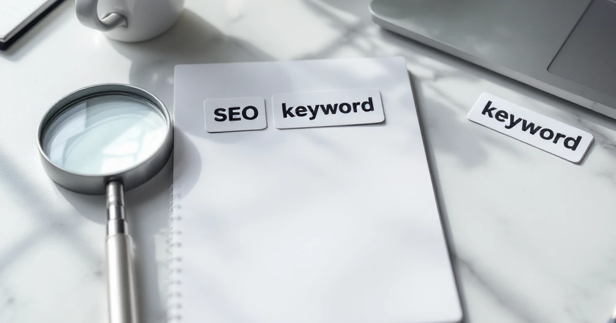 SEO tools on a desk with a magnifying glass and keyword tags.