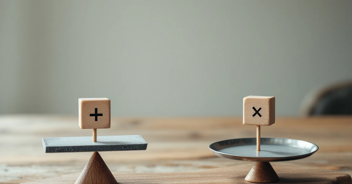 Balancing scales with pros and cons symbols on a wooden table.