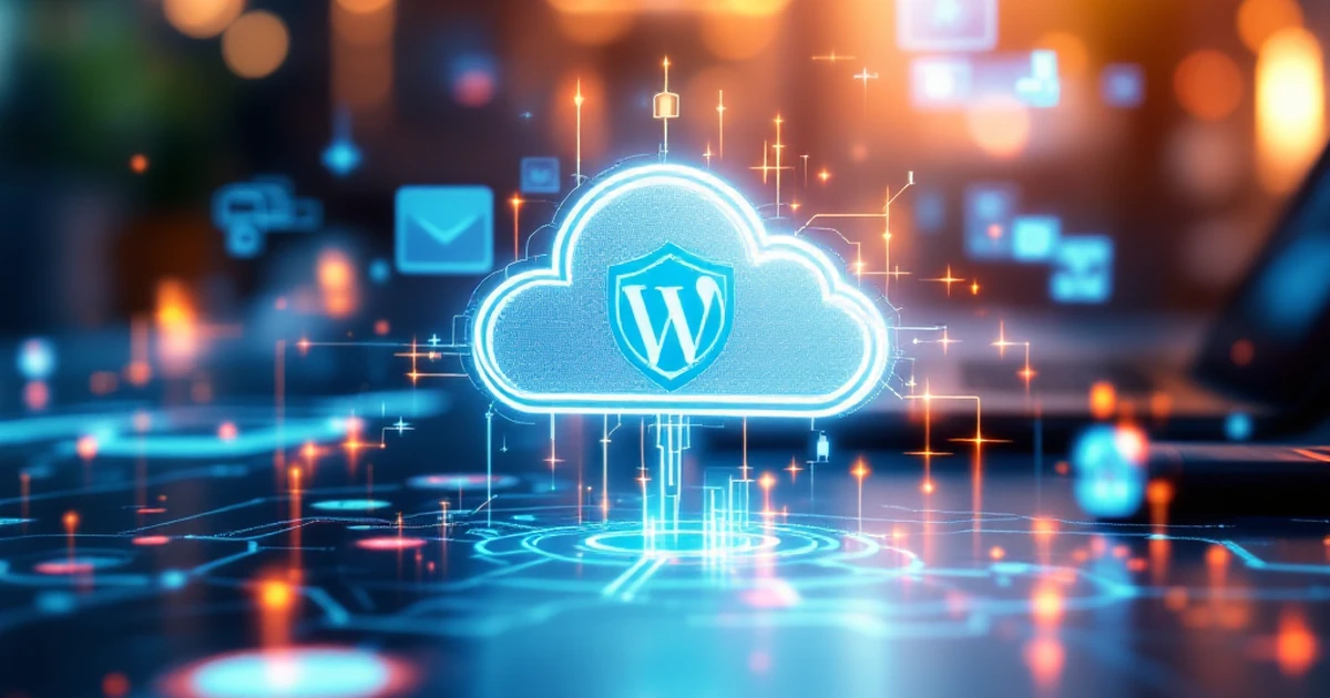 Digital icons for WordPress hosting representing cloud, security, and speed.