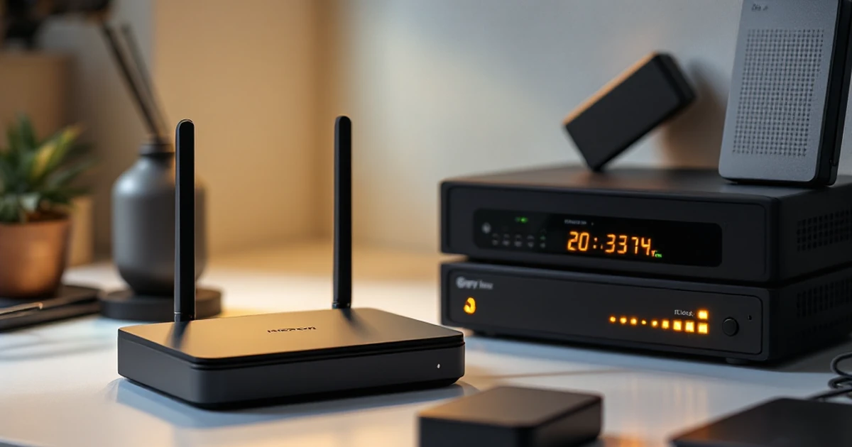 Hosting equipment essentials on a white desk, including router and network switch.