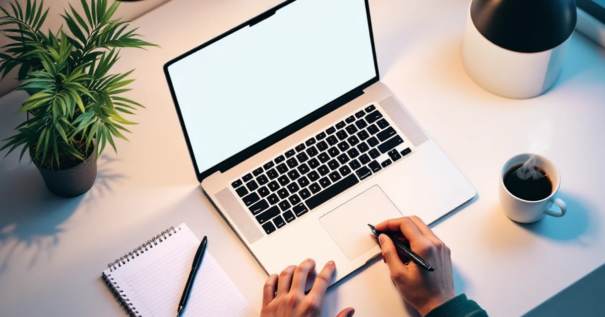 Workspace setup for researching hosting providers with laptop, notepad, and coffee.