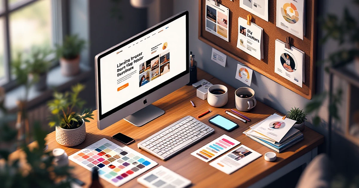 Isometric view of workspace with Divi theme customization tools.