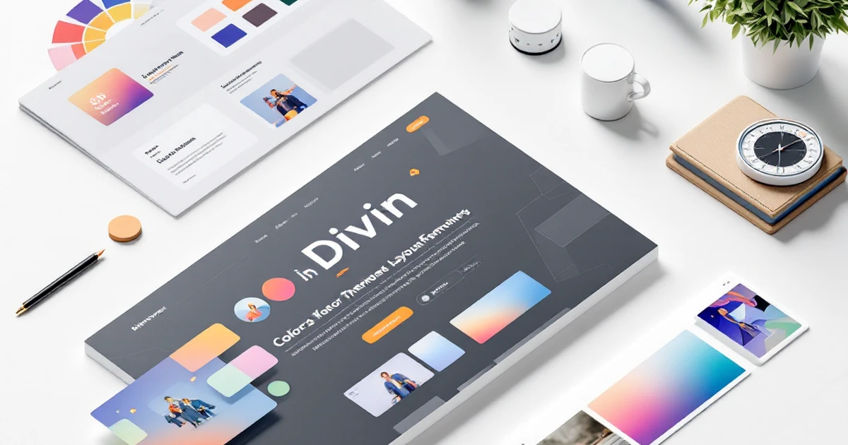 Isometric view of Divi theme features with layout templates and color swatches.