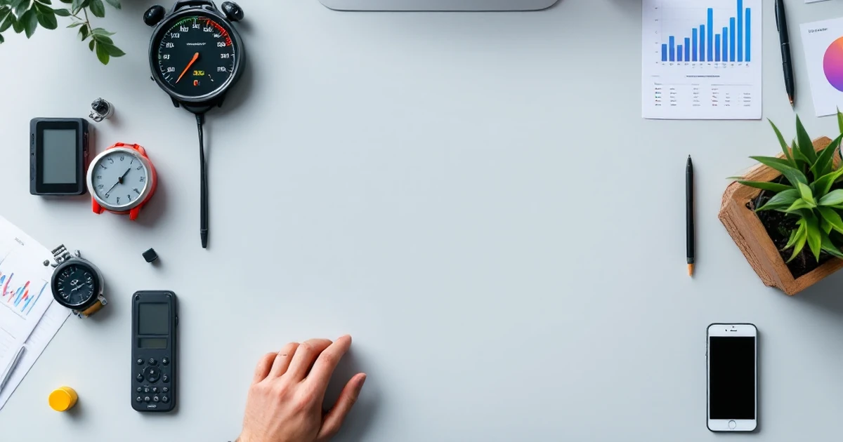 Performance testing tools with speedometer graphics and data charts on a grey tabletop.