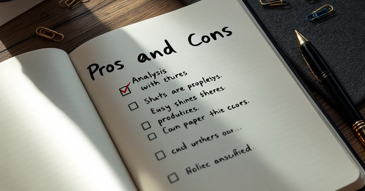 Workspace with a notebook listing pros and cons of Divi theme, accompanied by a pen and paper clips.