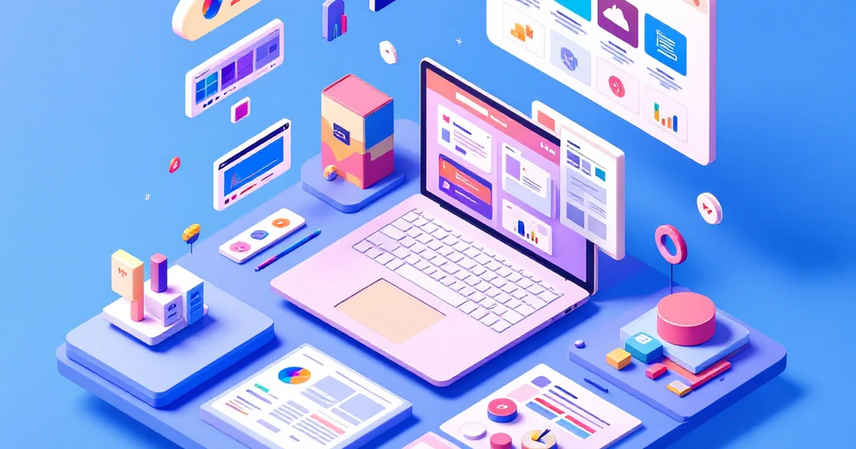 Isometric view of digital design tools with icons for templates and widgets.