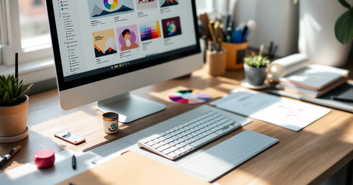 Workspace setup with design sketches and color wheels for website building.