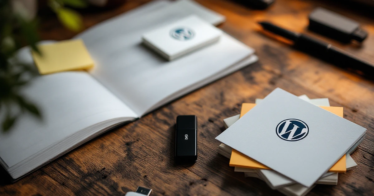 Product shot of digital tools for WordPress development on a wooden table.