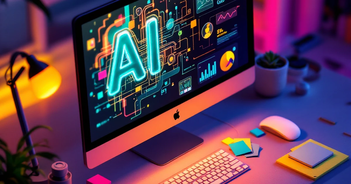 Isometric digital workspace with AI content creation tools