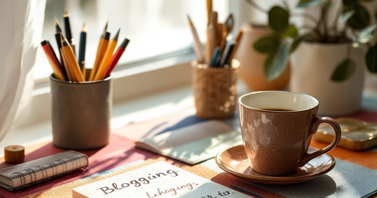 Editorial image of blogging tools with journal and coffee