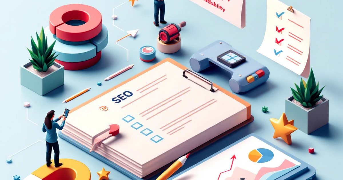 Isometric view of SEO tools with keyword magnets and ranking arrows.