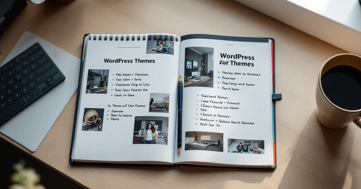 Workspace layout with WordPress theme comparison sketchbooks.