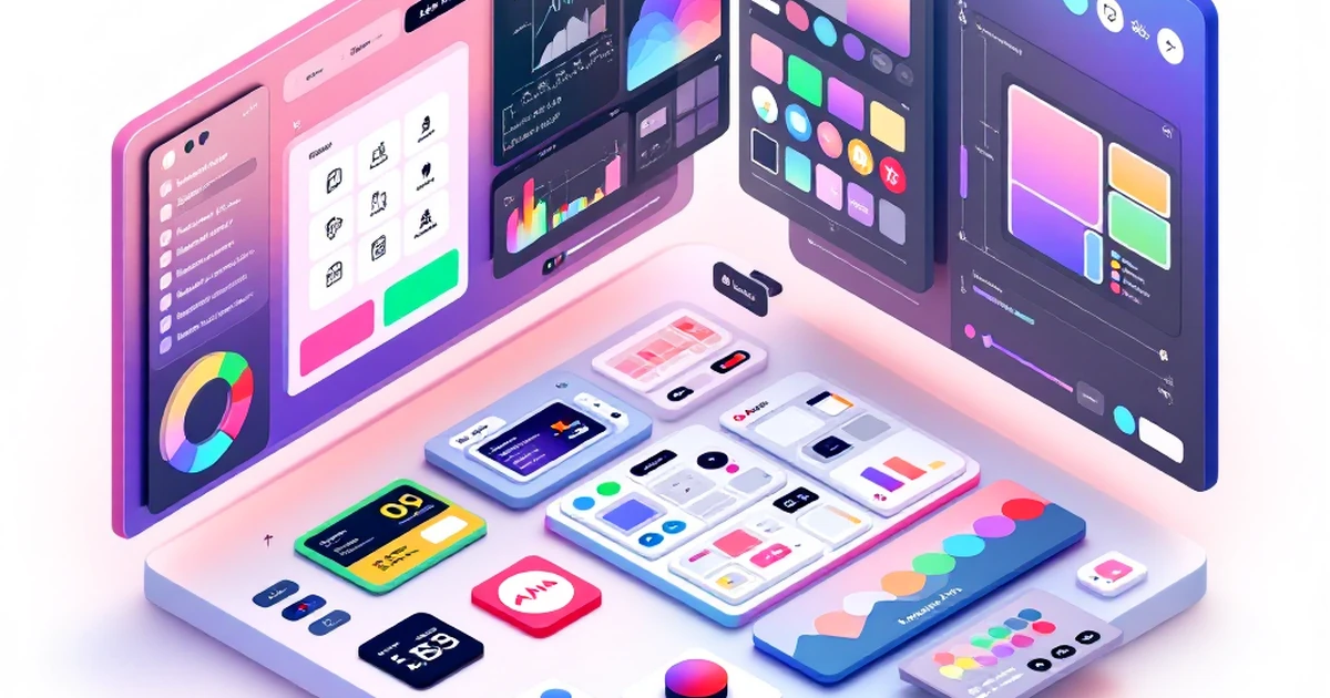 Isometric view of digital theme customization tools.