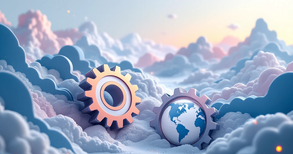 Abstract image of cloud hosting with gears and globe icon.
