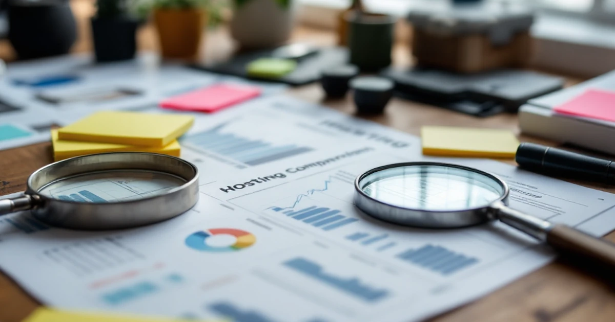 Workspace with hosting comparison charts on a wooden desk.