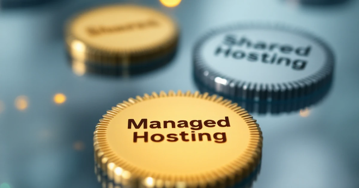 Product photo of hosting service badges for managed and shared hosting.