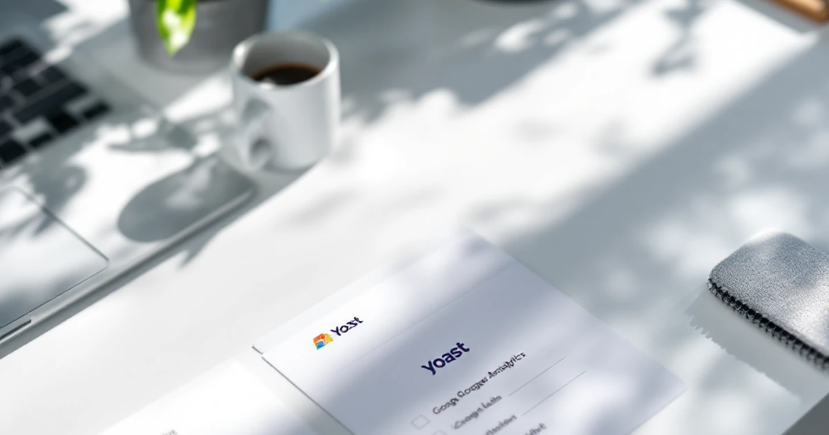 WordPress SEO starter kit with Yoast plugin card and Google Analytics logo on desk.