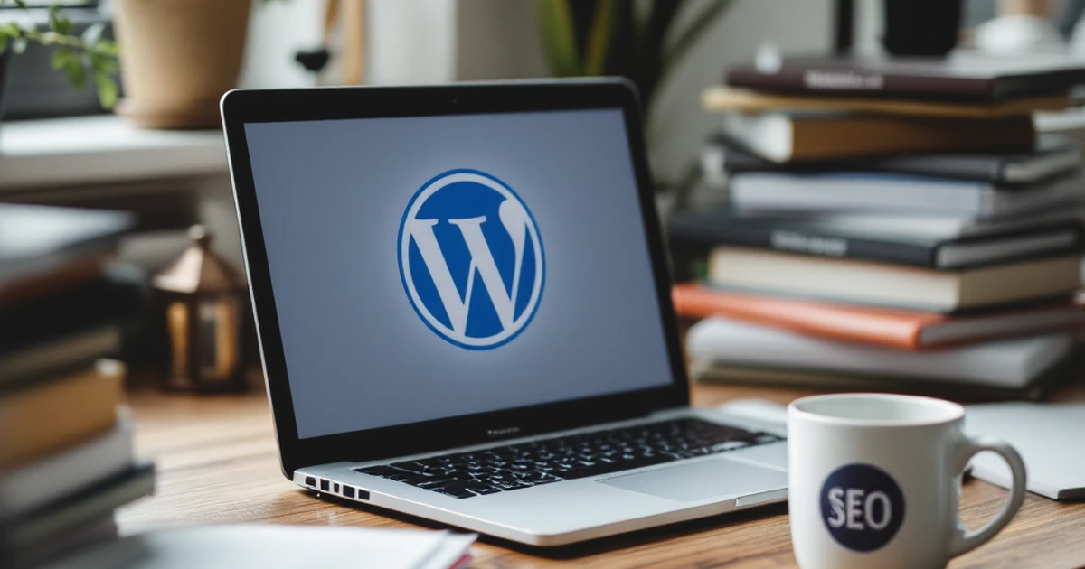 Workspace with laptop, SEO guidebooks, and coffee cup for WordPress setup.