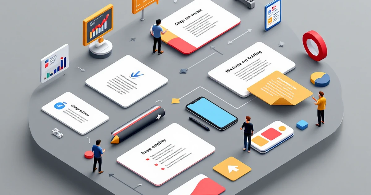 Isometric layout of colorful step cards and checklist for WordPress SEO guide.