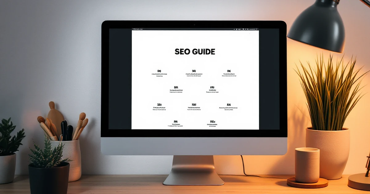 Workspace with keyboard, mouse, and SEO Guide paper under warm lamp light.