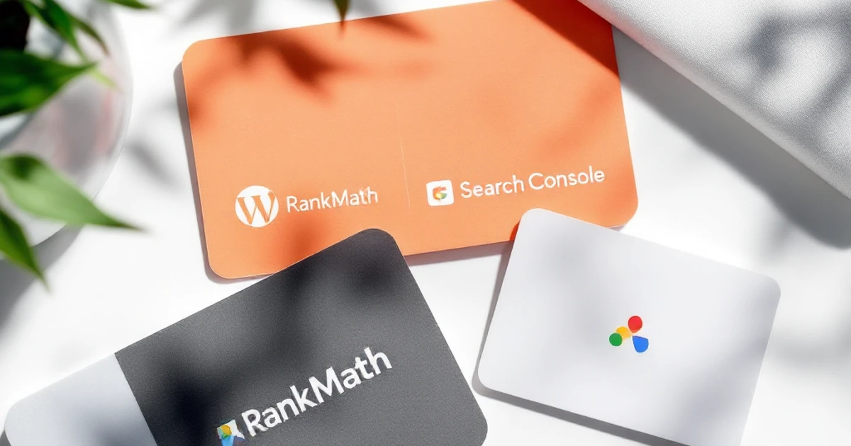 Product shot of WordPress, RankMath, and Google Search Console icons on white surface.