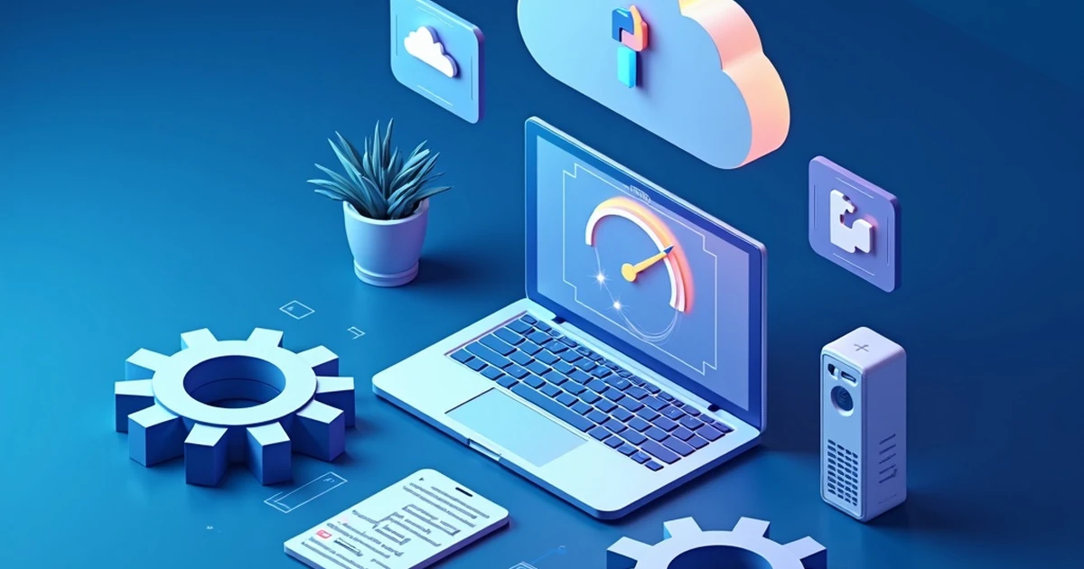 Isometric digital tools for optimizing website speed with gears and speedometer.