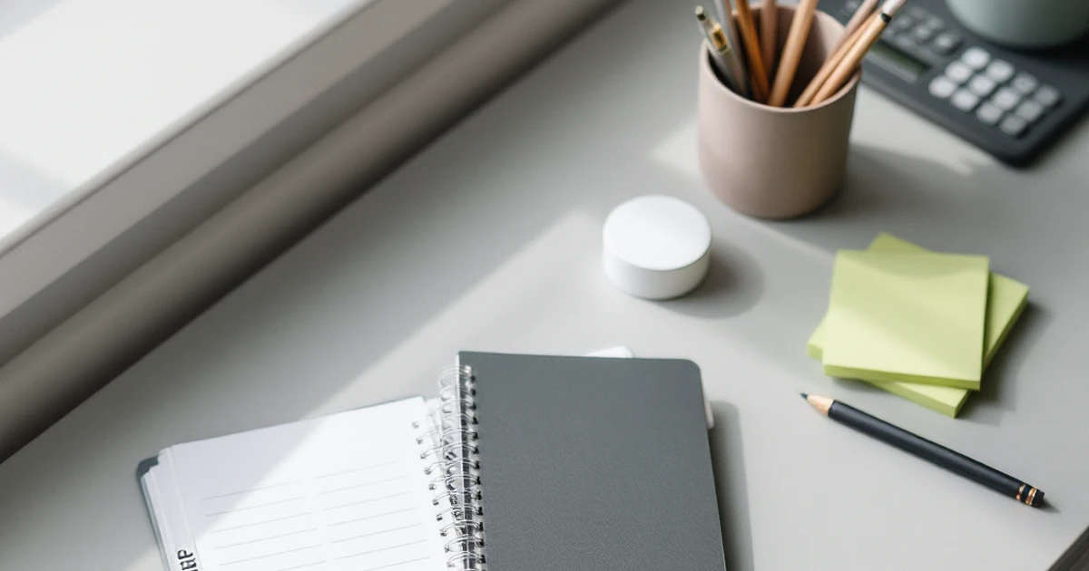 Budget and specialty tools setup on a light gray desk with planner and calculator.