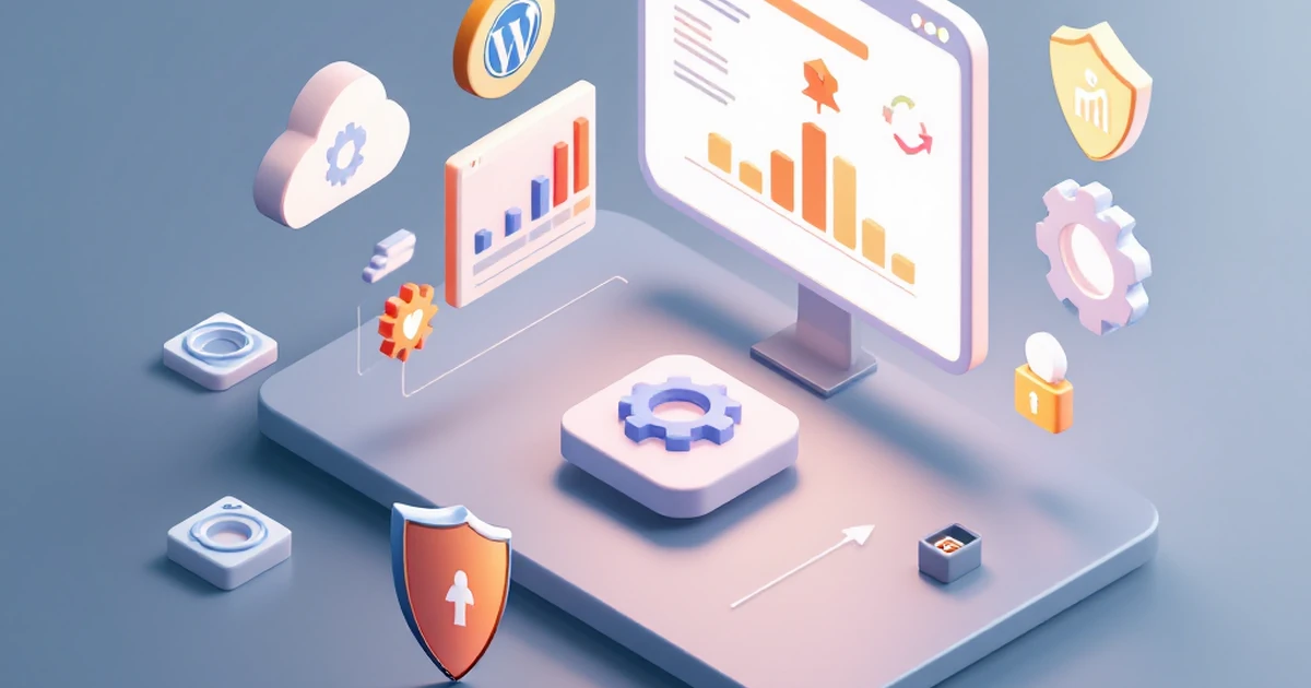 Virtual workspace with plugin and security icons for WordPress installation.