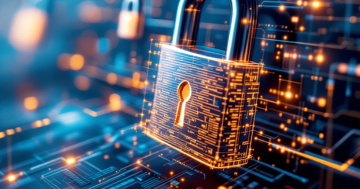 Abstract image of digital security with locks and network lines.