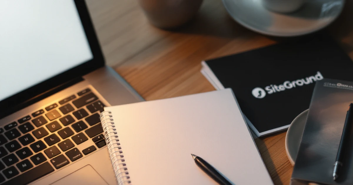 Workspace setup with laptop, SiteGround brochure, and coffee.