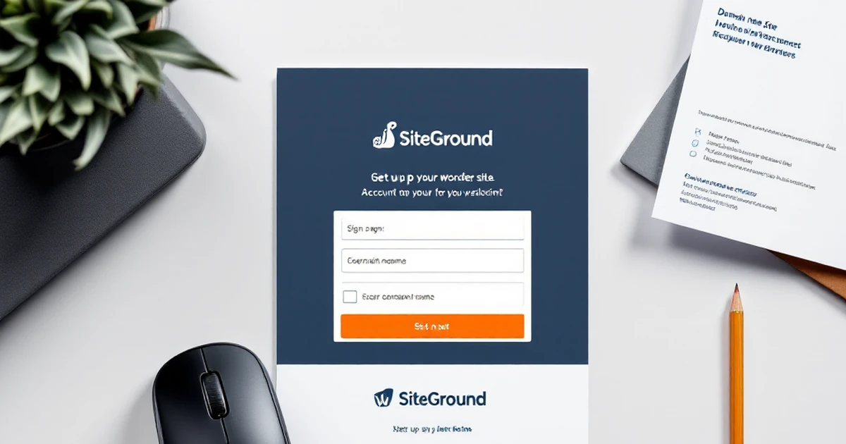 Flat lay of tools needed for WordPress site setup, including SiteGround sign-up page.
