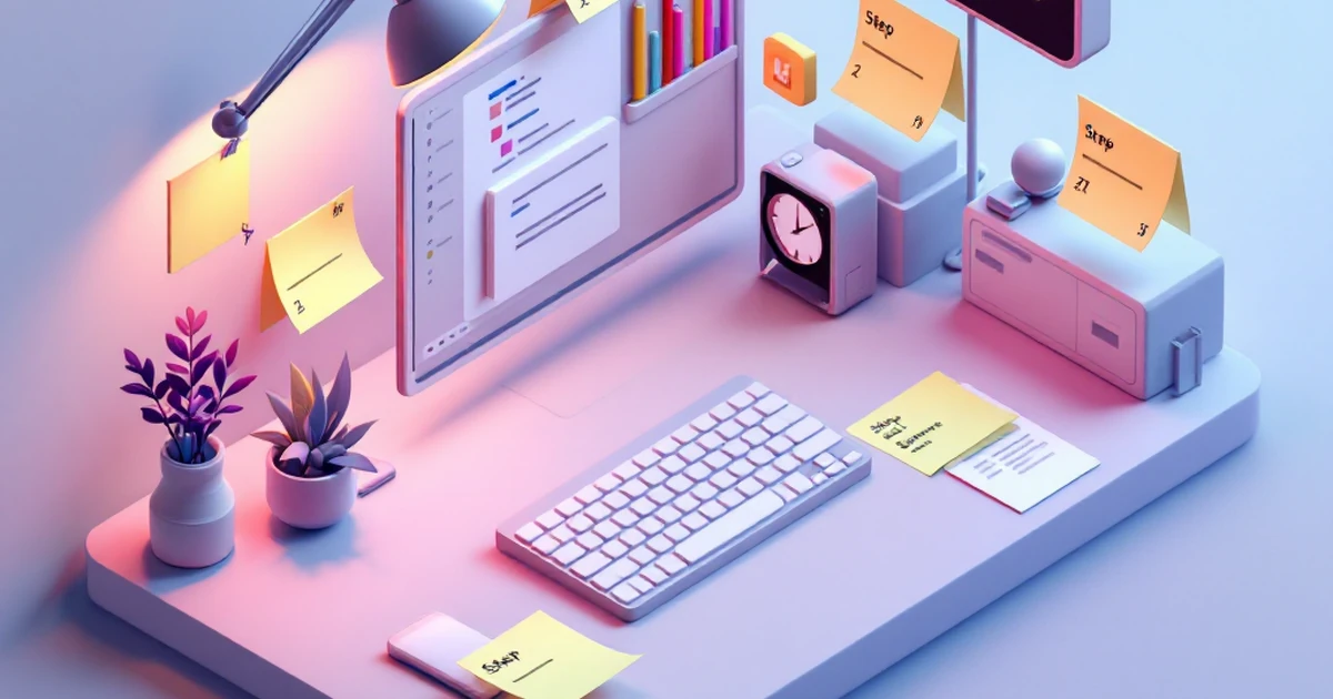 Isometric view of digital workspace with setup steps and keyboard.