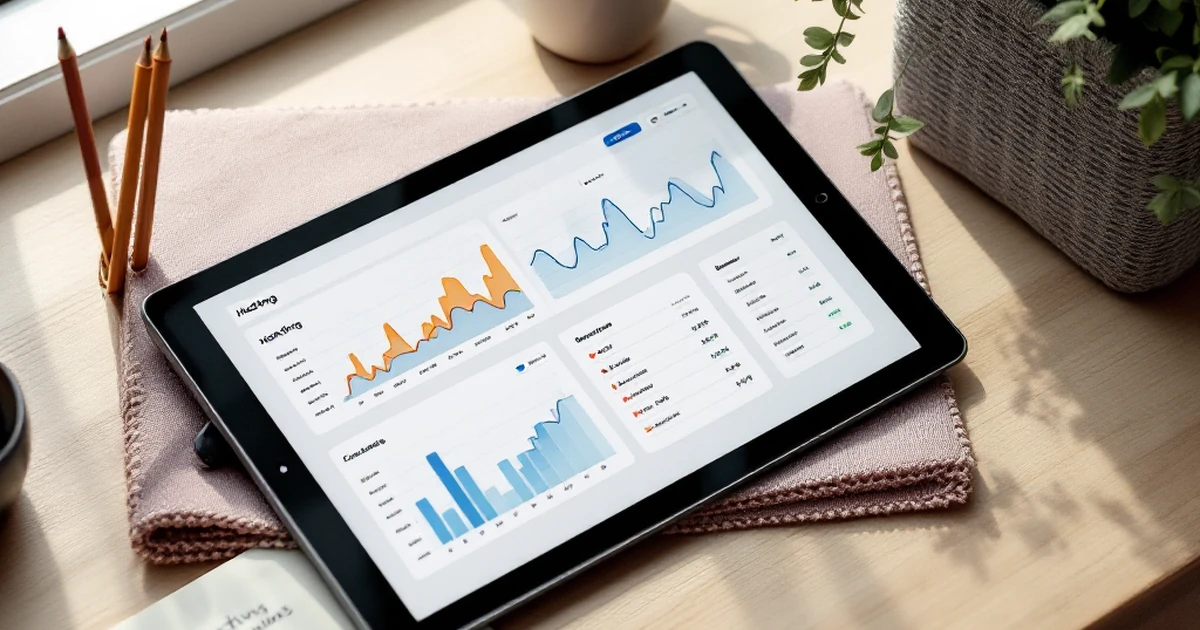 Isometric workspace with hosting comparison tools like a tablet and notepad.