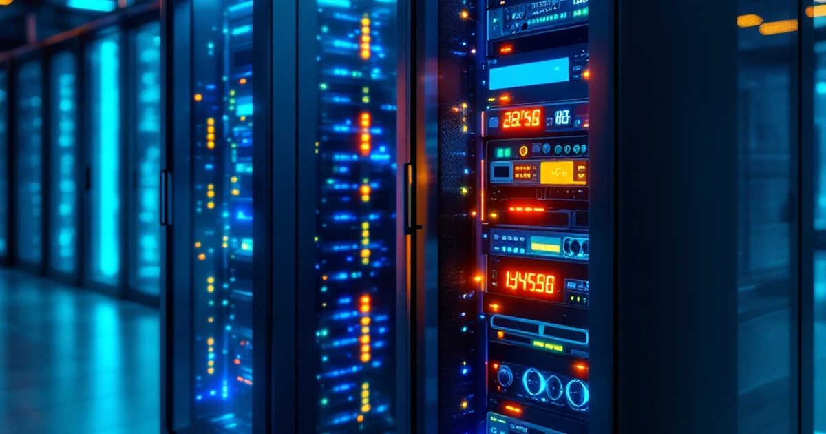 Server racks with glowing lights in a data center.