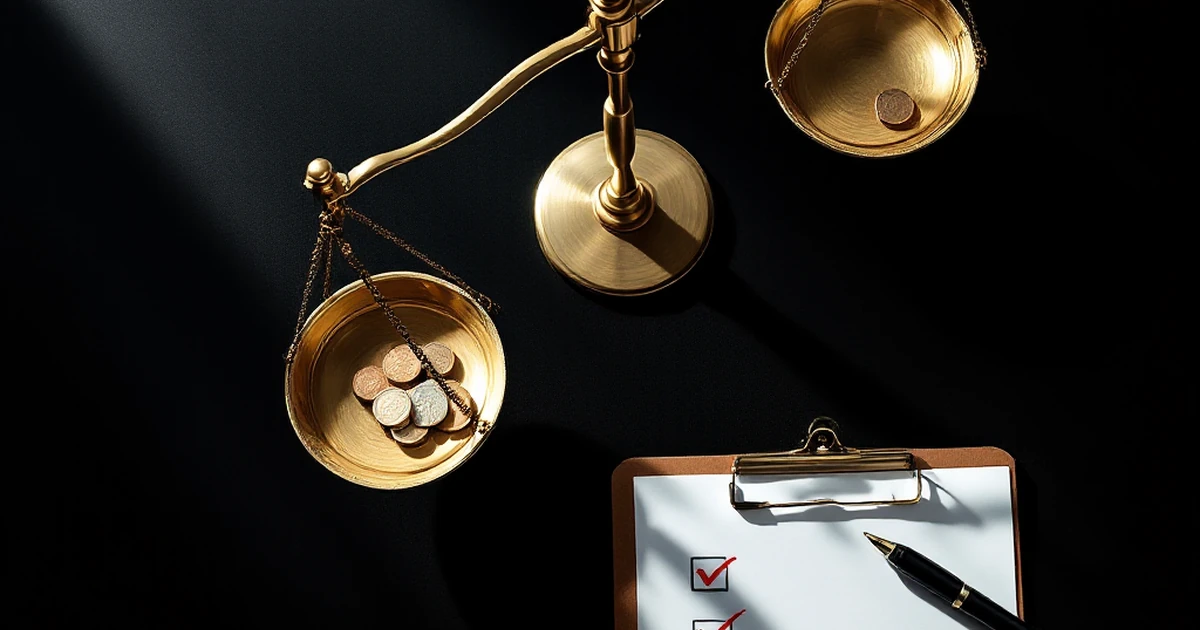 Decision-making tools like scales and coins on a surface.