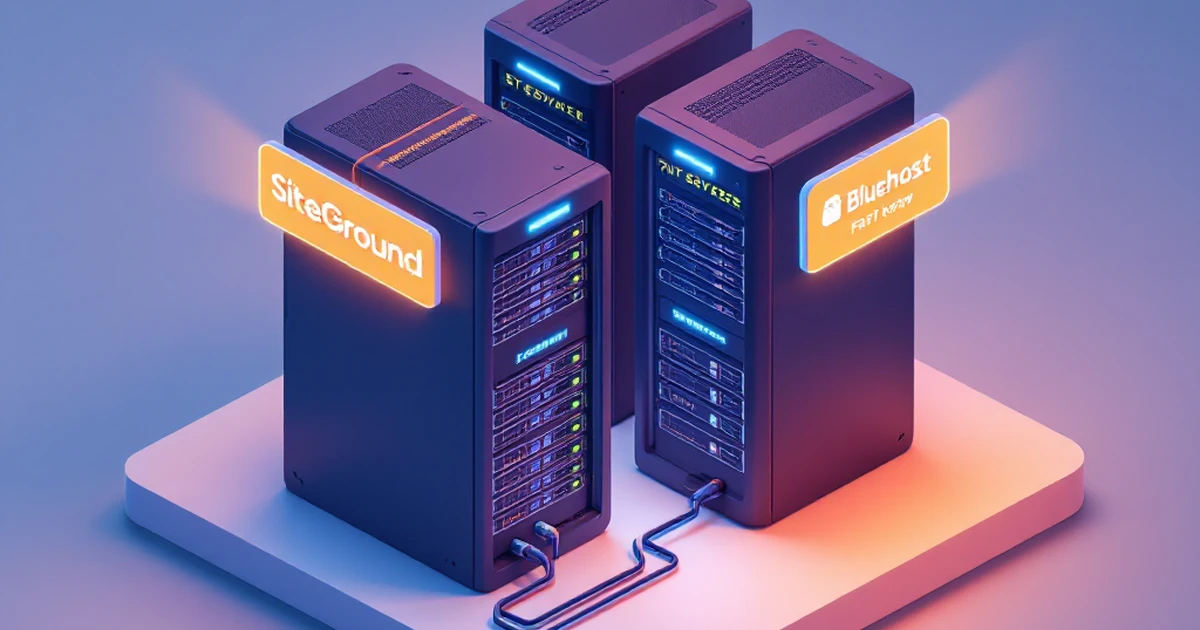 Isometric view of server racks labeled for SiteGround and Bluehost speed.