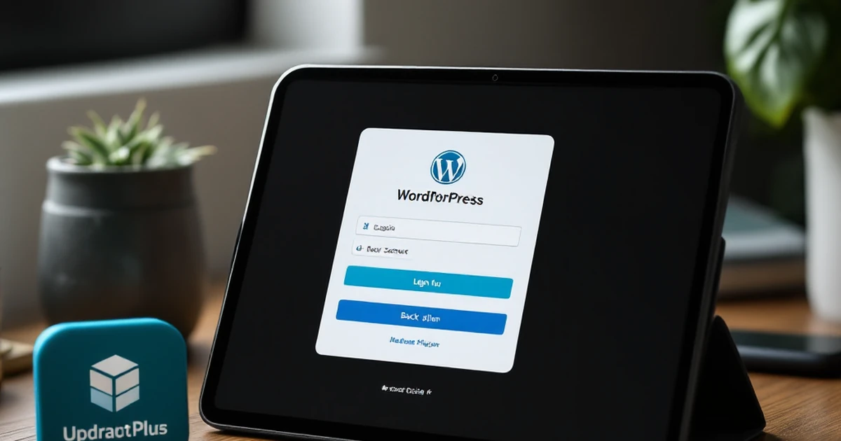 Tablet with WordPress login screen mockup and backup plugin icons.