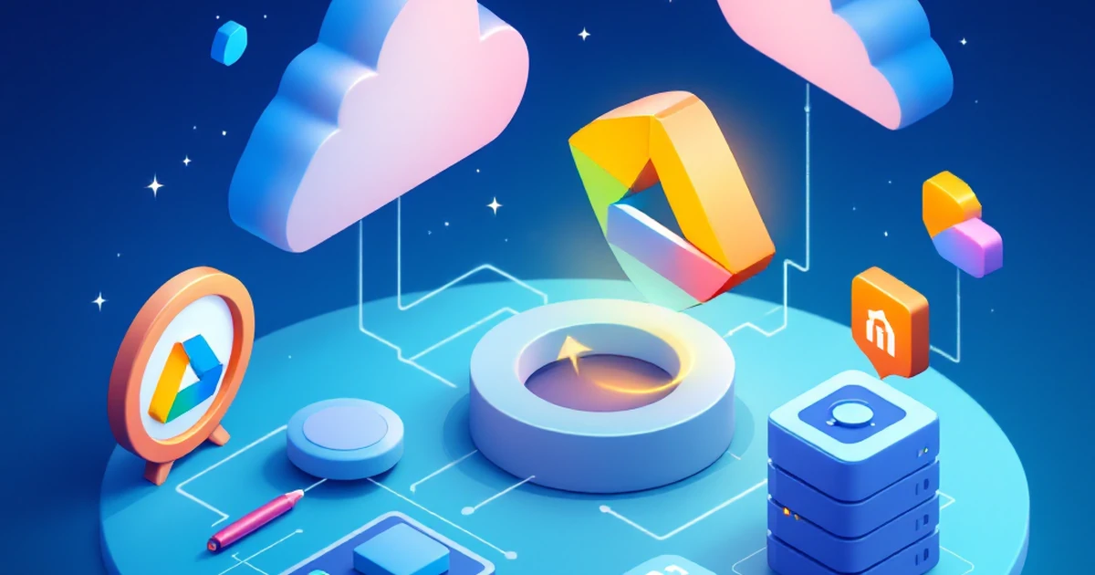 Isometric view of digital backup tools with cloud storage symbols.