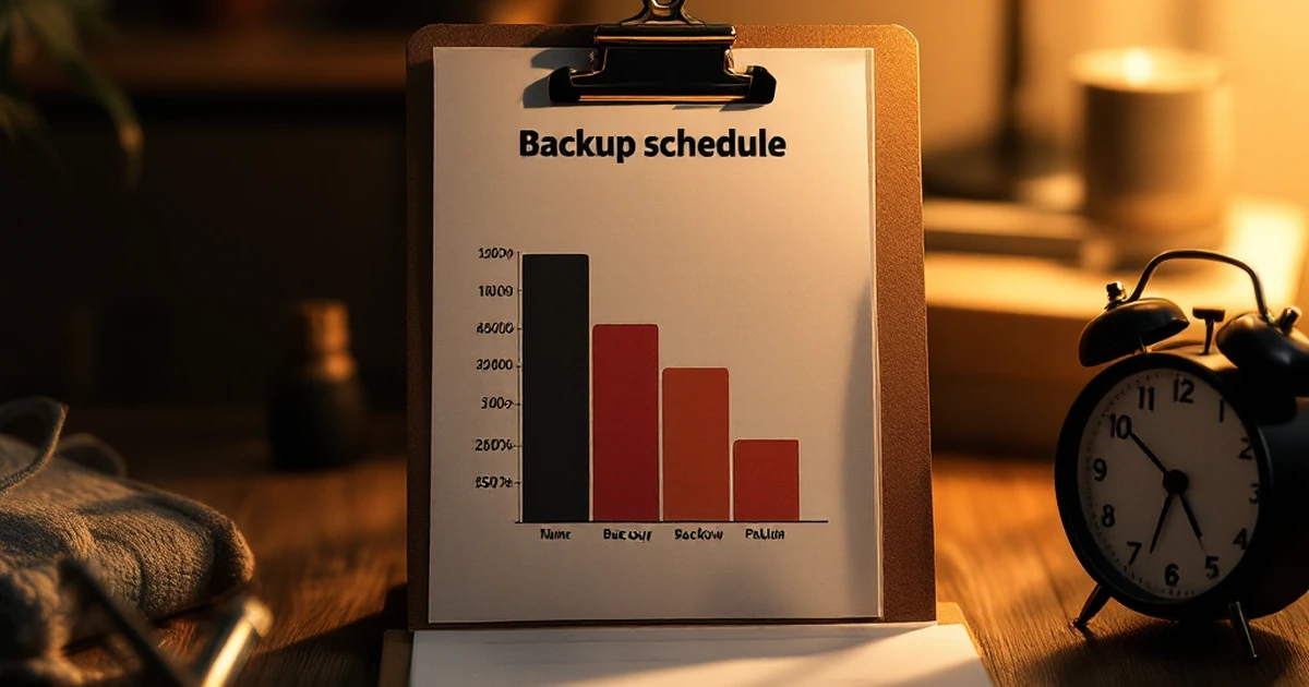 Clipboard with backup schedule and plugin icons, emphasizing time management.