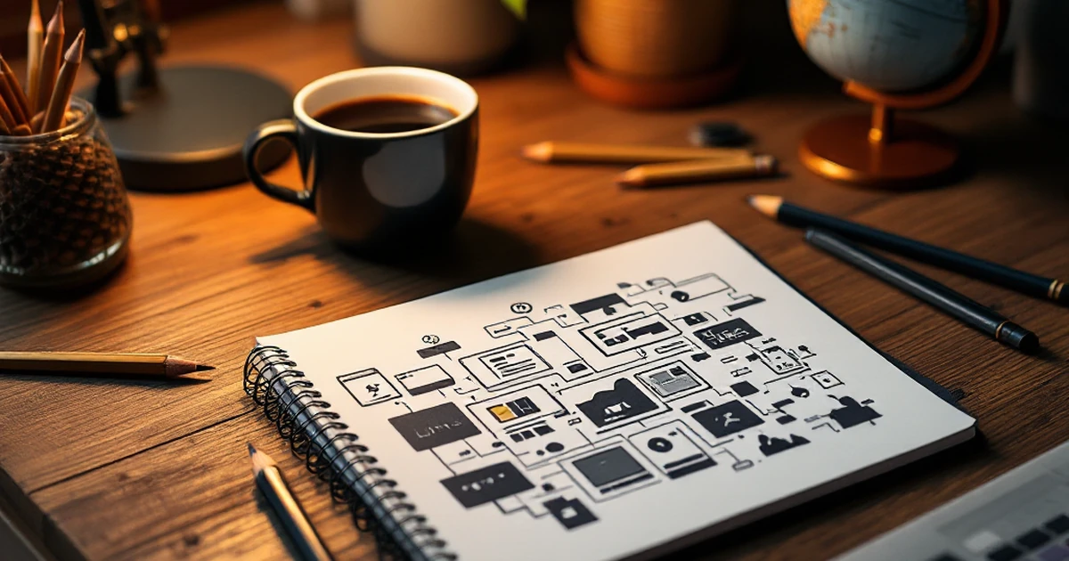 Web development tools on a desk for planning WordPress themes.