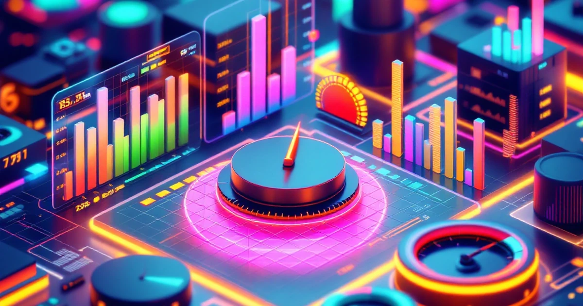 Isometric view of digital performance tools and graphs on a virtual dashboard.