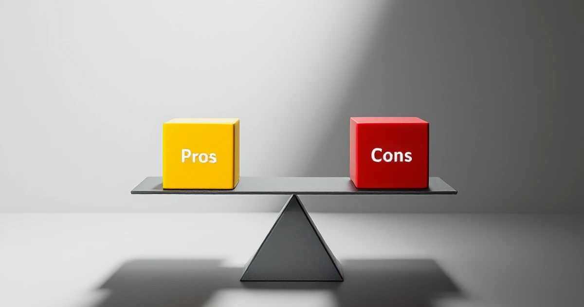 Scales balancing colorful blocks labeled Pros and Cons.