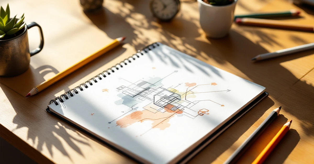 Designer’s desk with open sketchbook and color pencils.