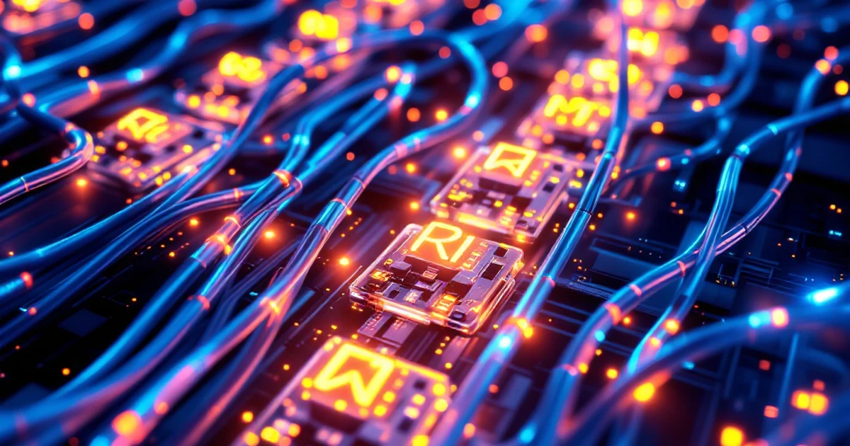 Isometric view of data transfer with fiber optic cables, symbolizing hosting speed.